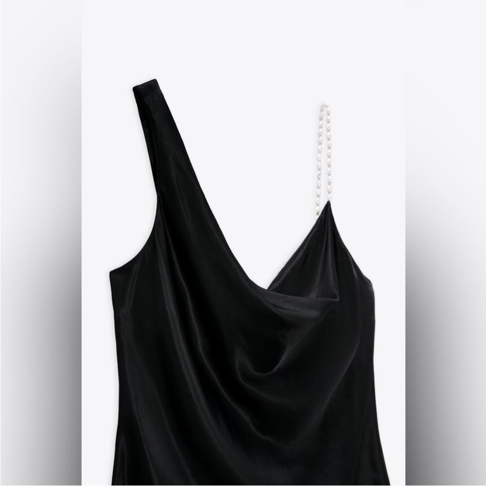Zara Black One-Shoulder Pearl-Trim Cowl Neck Camisole Top